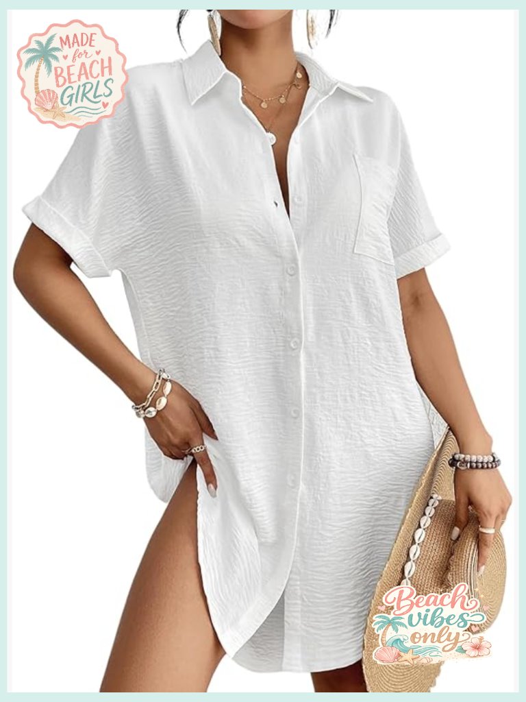 Button Down Shirt Dress Swimsuit Coverup Short Sleeve Beach Vacation